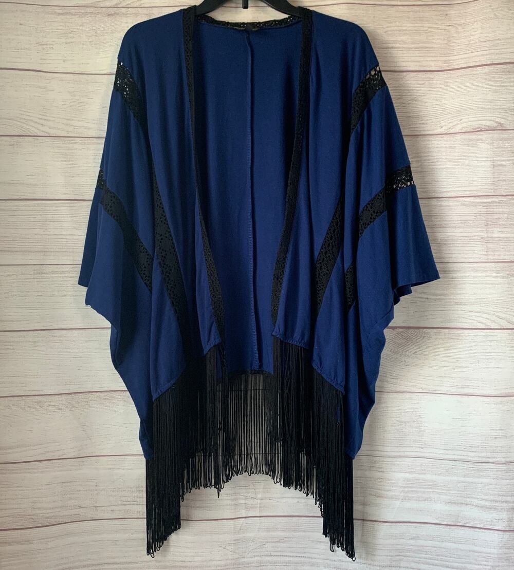Serena Williams Signature Statement Blue and Black Cardigan Lace and Fringe M/L